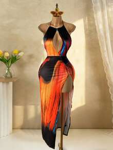 Mistrie 性感露背高开衩系带裹身连衣裙