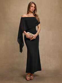 SHEIN BAE Brown Elegant Off-Shoulder Straight Fitted Dress, Suitable For Birthday, Party, Gathering Events, Autumn/Winter Layering Dress, Halloween, Christmas, Elegant Dress - Black - View 7