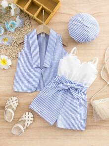 SHEIN Cute Baby Girl Summer Blue White Stripe 3-Piece Set,Knitted Cardigan,Camisole & Shorts With Beret,French Elegant Style Vacation Outfit For Toddler - Blue - View 1