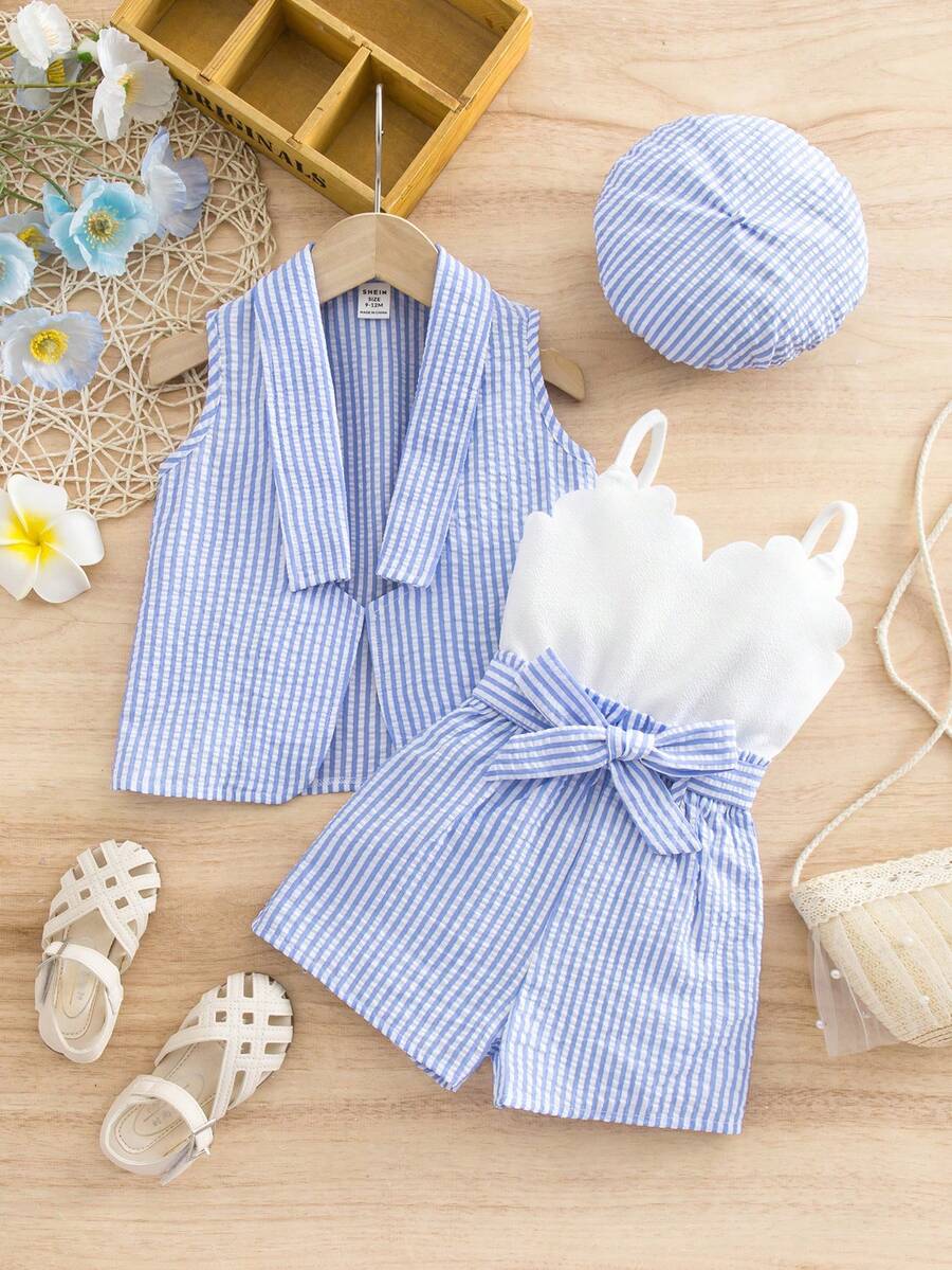 SHEIN Cute Baby Girl Summer Blue White Stripe 3-Piece Set,Knitted Cardigan,Camisole & Shorts With Beret,French Elegant Style Vacation Outfit For Toddler - Blue - View 1