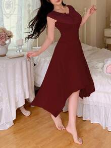 SHEIN Women's Elegant Solid Deep V-Neck Lace Trim Nightgown, Summer - Red - View 4