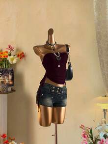 Attitoon Top tubo corto con cordón y nudo delantero casual para mujer - Rojo violeta - Ver 2