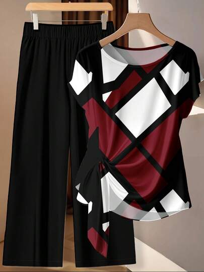 EMERY ROSE 2pcs Casual Minimalist Vintage Coin Inspired Red & Black Abstract Geometric Allover Print Tie Front Blouse And Loose Straight Leg Pants Set, Suitable For Autumn/Winter Spring