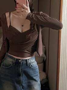 DAZY 两件套女士扭结针织吊带背心+开衫叠穿套装 - 棕色 - 查看 3