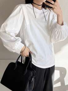 FRIFUL Women's Solid White Cotton Blend Crew Neck Long Sleeve Loose Casual Versatile T-Shirt - White - View 6