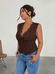 Firerie Plus Size Women Summer Solid Color Lace Splicing Deep V-Neck Fitted Vest Jacket In Fall/Winter - Coffee Brown - View 3