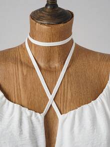 Franclia Summer Vacation Bubble Long Sleeve Sexy V-Neck Tie-Up Floral Hem Cropped Women's Shirt, Backless Criss-Cross Strap, White Blouse, Women Beach Outfit - White - View 5