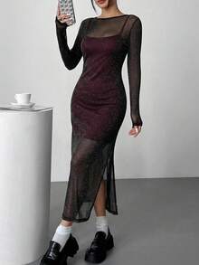 SHEIN EZwear 加大码黑色薄纱双层连衣裙，适合春夏穿着 - 彩色 - 查看 3