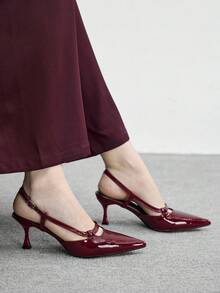 CUCCOO BIZCHIC Women's Pointed Toe Burgundy Patent Leather Backless Ankle Strap Minimalist All-Match Stylish Commute Daily Versatile Stiletto High Heels Valentine's Day - Burgundy - View 3