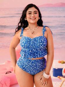 Swim Mod Plus Size Ditsy Floral Swimsuit Set, Ruffled Hem, Front Drawstring Pants, Side Ruched, Suitable For Vacation, Beach, Pool - Multicolor - View 4