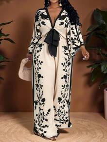 Veslaya 春夏新品 优雅度假 & 海滩度假村 & 海滨 & 性感海岛之旅 & 美食之旅 & 休闲外出 & 浪漫假期 & 约会 女款大码浪漫春季印花杏色纯色花卉图案深V领系腰宽松连体裤 - 杏色 - 查看 2