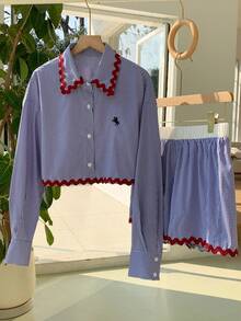 Comfortcana 女士休闲编织吊带格子衬衫短裤两件套，夏季 - 藍色 - 查看 3