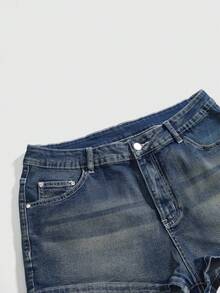 ROMWE Avant Quần short denim siêu ngắn dành cho nữ cỡ lớn, thêu hình đầu lâu và cánh chim theo phong cách Y2K cổ điển. - Màu xanh lam - Xem 4