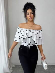 Selianne Elegant Off-Shoulder Ruffle Polka Dot Women T-Shirt, Suitable For Vacation - White - View 4