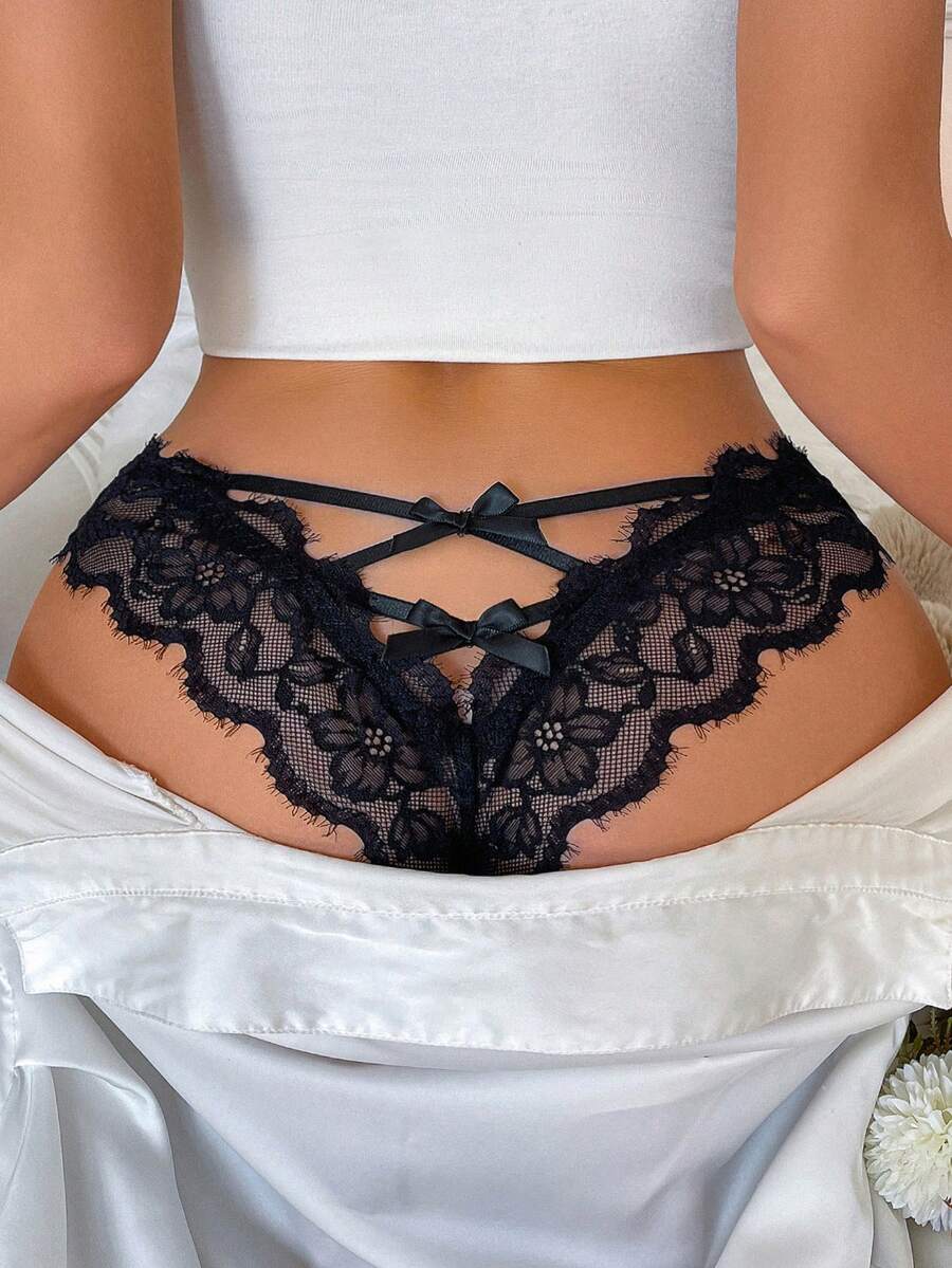 Snug Zone 女士性感蕾丝网眼装饰丁字裤 - 黑色 - 查看 1