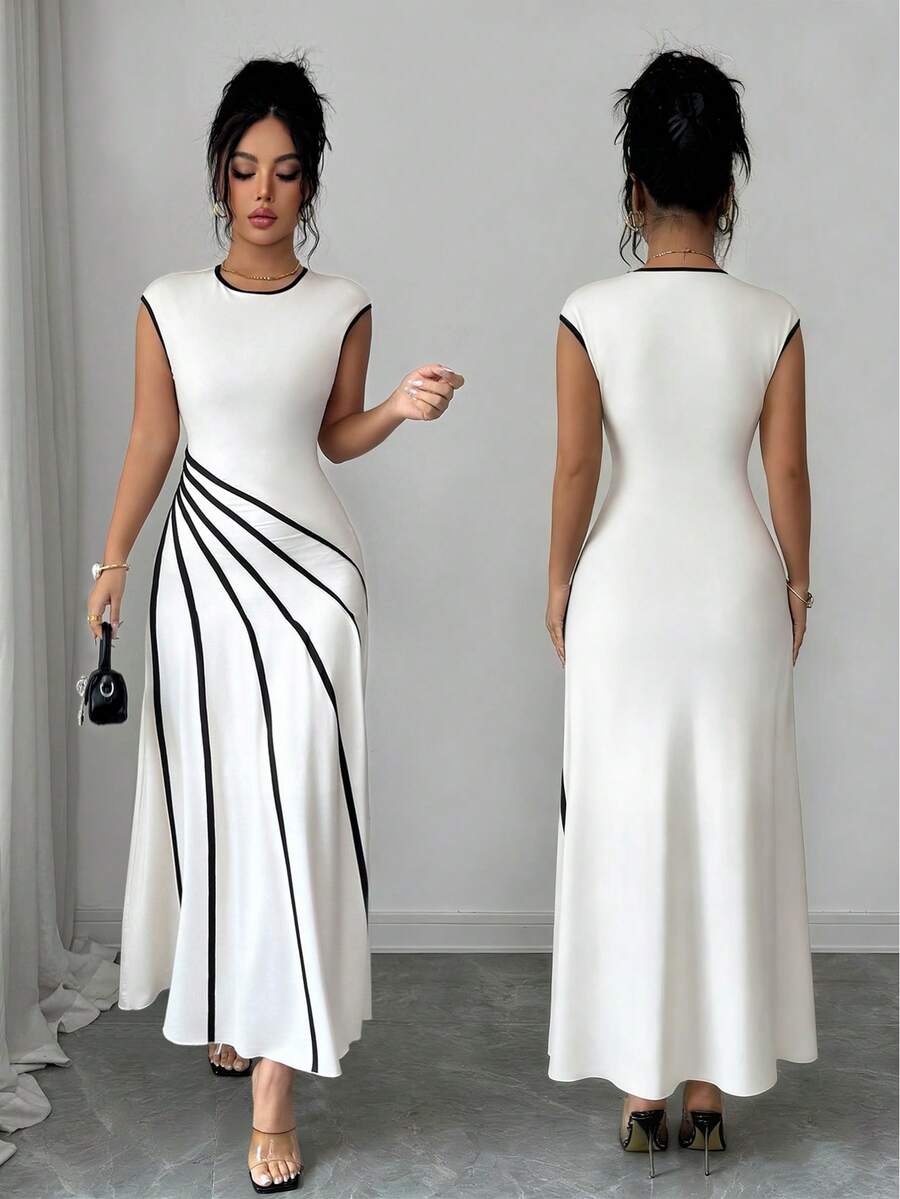 Elenzga Women's Elegant Sleeveless Dress With Contrast Piping Waist Detail, Summer - Apricot - View 1