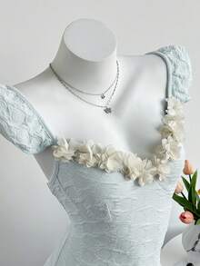 Elamini Women's Fashion Cap Sleeve Ruffle Trim 3D Floral Bodysuit - Blue - View 4