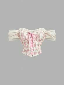 SHEIN MOD 复古花卉印花梦幻浪漫魅力收腰衬衫，饰有荷叶边、蝴蝶结和交叉系带——完美适用于约会、派对、节日、下午茶和生日派对 - 粉色 - 查看 5