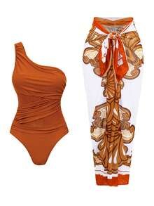 Swim Oasis Conjunto de 2 piezas de traje de baño de una sola pieza con falda de cintura alta para mujer, para resort de playa 2026 - Naranja Coral - Ver 3