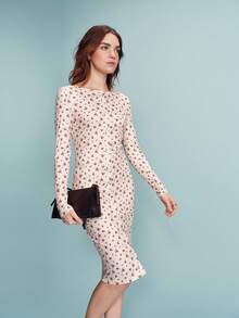 lacRébo Vestido midi de manga comprida com estampa floral em estilo vintage, modelagem ajustada e detalhe de botões frontais. Lindo e romântico, perfeito para a primavera/verão, com inspiração francesa e parisiense. Vestido midi feminino de manga comprida com estampa floral. - Damasco - Ver 8