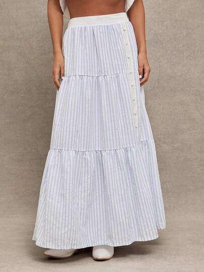 WESTFADE Mix Media 100% Cotton & Textured Stripe High Waist Button Front Tiered Midi Skirt Cute Fall Skirt For Women Country Concert, Winter, Spring, Resort, Valentine's Day, Casual, Cute, Boho, Western Wear For Women, Nashville, Vacation