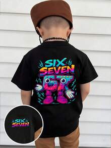 SHEIN Streecool Kids 幼儿男童休闲创意图案T恤，印有数字67、卡通方块和闪电图案，舒适百搭的短袖T恤，适合春、夏、秋季穿着。 - 黑色 - 查看 3