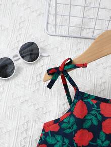 SHEIN Elladie kids Đầm midi hai dây in hoa thanh lịch, thời trang, thoải mái, trang trí hình bướm cho bé gái. - Màu xanh hải quân - Xem 6