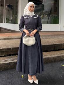 DAZY 女士休闲撞色蕾丝边腰带中长连衣裙，春夏长款连衣裙 - 藍色 - 查看 5