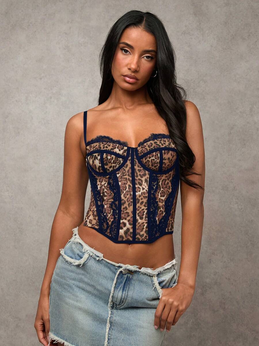 SHEIN BAE 女士棕色豹纹网纱蕾丝边性感吊带背心，适合外出、约会、主题派对、庆祝活动等多种场合。 - 藏蓝色 - 查看 1