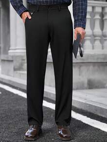 Manfinity Bizformal Quần công sở nam màu trơn, túi xéo, kiểu dáng thường ngày. - màu đen - Xem 4