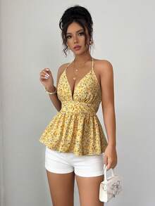 Elenzga Camiseta de tirantes finos con cuello en V, estampado floral amarillo, cintura con lazo y volantes, estilo sexy para vacaciones de verano de la mujer. Adecuado para salidas, citas, vacaciones, alta relación calidad-precio - Amarillo - Ver 4