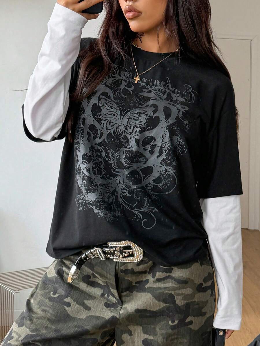 Coolane Áo thun tay dài oversize họa tiết cotton phong cách Hippie, Preppy, Grunge, Punk, Goth, thường ngày dành cho nữ mùa đông/thu - màu đen - Xem 1