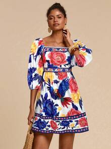 Travachic Đầm ngắn cổ vuông in hoa nhiều màu sắc dành cho nữ - Xanh đậm - Xem 5