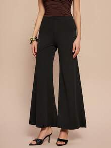 Leighera بنطلون أسود عريض الساق أنيق ذو خصر مرتفع وخصر مطاطي عصري - الأسود - مشاهدة 5