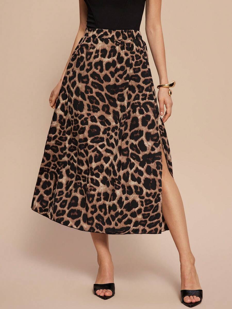 女士高腰豹纹侧开衩度假半身裙，适合海滩度假 - 彩色 - 查看 1