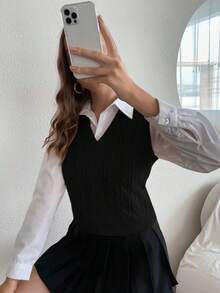 SHEIN PETITE 女士秋季时尚纯色V领罗纹针织毛衣背心 - 黑色 - 查看 3