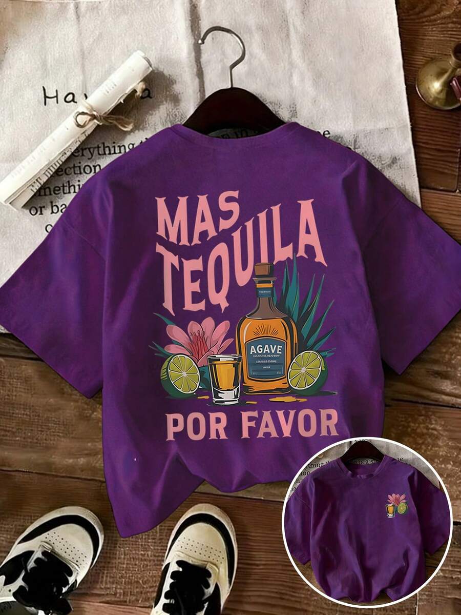 INAWLY Tequila Sunrise Cocktail Margarita Glass Beverage Lemon Flower Leaf Letter Print Round Neck Casual Women T-Shirt, Spring/Summer Casual Women T-Shirt - Purple - View 1