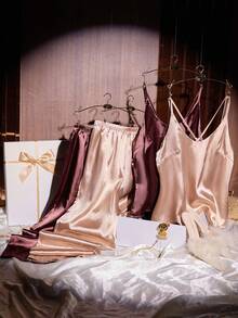 SHEIN 2pcs Set: Criss-Cross Back Spaghetti Strap Faux Silk Camisole Top And Long Pants Pajama Set - Multicolor - View 3