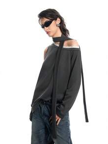 Airlisse Women's Fashionable Lace Asymmetric Tie-Up Loose Shoulder Contrast Color Long Sleeve Sweatshirt, Spring/Summer Y2K - Grey - View 6