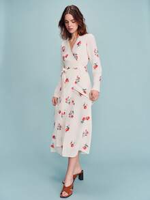 lacRébo 奶油黄长款梭织裹身连衣裙，饰以红色花卉印花图案，复古优雅的春夏法式巴黎风情。 - 米色 - 查看 6