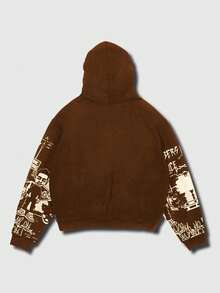 ROMWE MEN Street Life Áo hoodie nam in hình hoạt hình phong cách thường ngày - Cà phê nâu - Xem 2