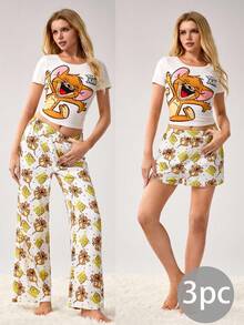 TOM & JERRY X SHEIN Bộ đồ ngủ 3 món dành cho nữ, gồm áo croptop tay ngắn in chữ hoạt hình dễ thương, quần ống rộng và quần short, thích hợp cho mùa xuân, hè và thu. - Màu vàng - Xem 8