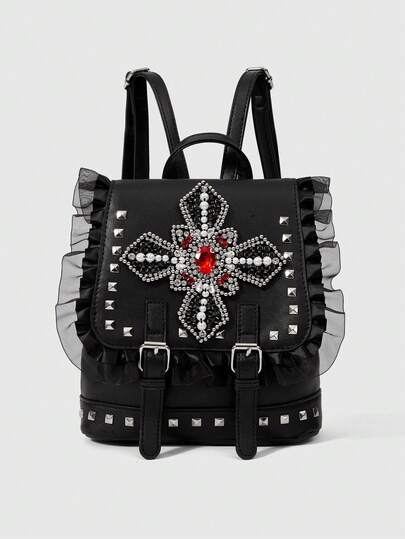 Goth Ladies' Punk Stylish Backpack With Cross Rivets For School And Valentine's Day