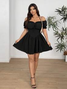 Vionelle Plus Size Women Solid Color Frill Off-Shoulder Front Tie Neck Dress, Vacation - Black - View 3