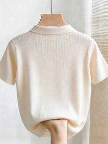 SHEIN Franclia New Summer Casual Loose Versatile Simple Daily Casual High-End Design Gentle Polo Shirt, Commuting Workplace Metal Button Office High-End Personalized Conservative Slim Fit Lady Neutral Minimalist Cardigan For Women Ribbed Shirt Preppy Tops Button Up Top Cream Blouse Tops Cute - Apricot - View 3