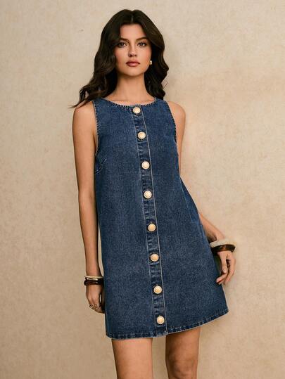 Poéselle Women's Casual Front Button Sleeveless Denim Dress, Summer