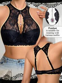 DesireSculpt 1pc Women's Underwear Black Lace Sexy Racerback Bra With Underwire - Black - View 8