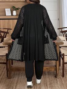 Vionelle 大码女式法式休闲优雅长袖外套和无袖连体裤两件套 - 黑色 - 查看 2