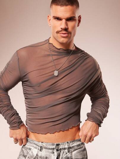 FeverCity Men's Solid Color Pleated Mesh Sheer Long Sleeve T-Shirt