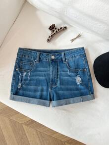 Elamini Low Waist Fashionable Distressed Rolled Hem Denim Shorts - Medium Wash - View 1
